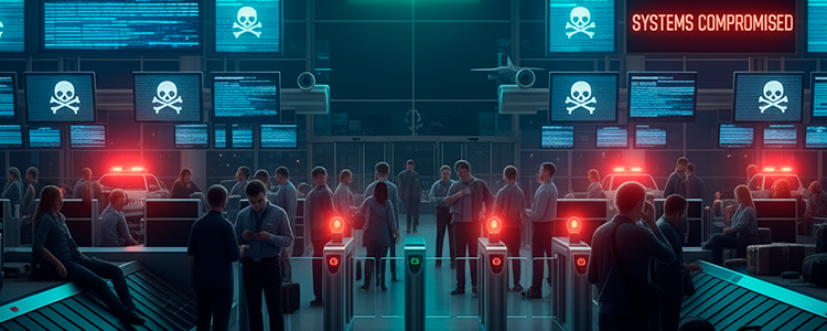 illustrazione di un aeroporto sotto attacco cyber