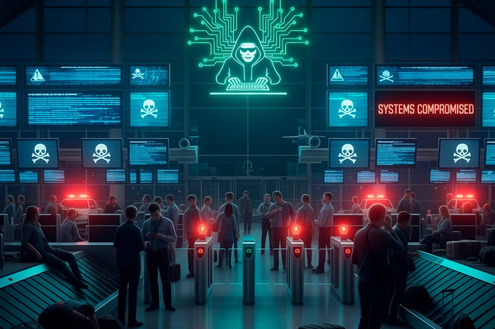 illustrazione di un aeroporto sotto attacco cyber
